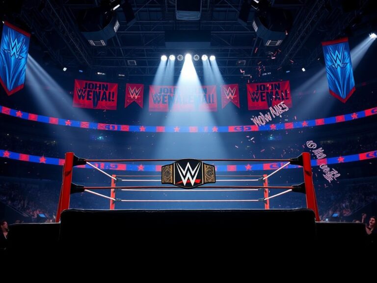 Flick International Dramatic wrestling ring with John Cena's championship belt in an empty arena