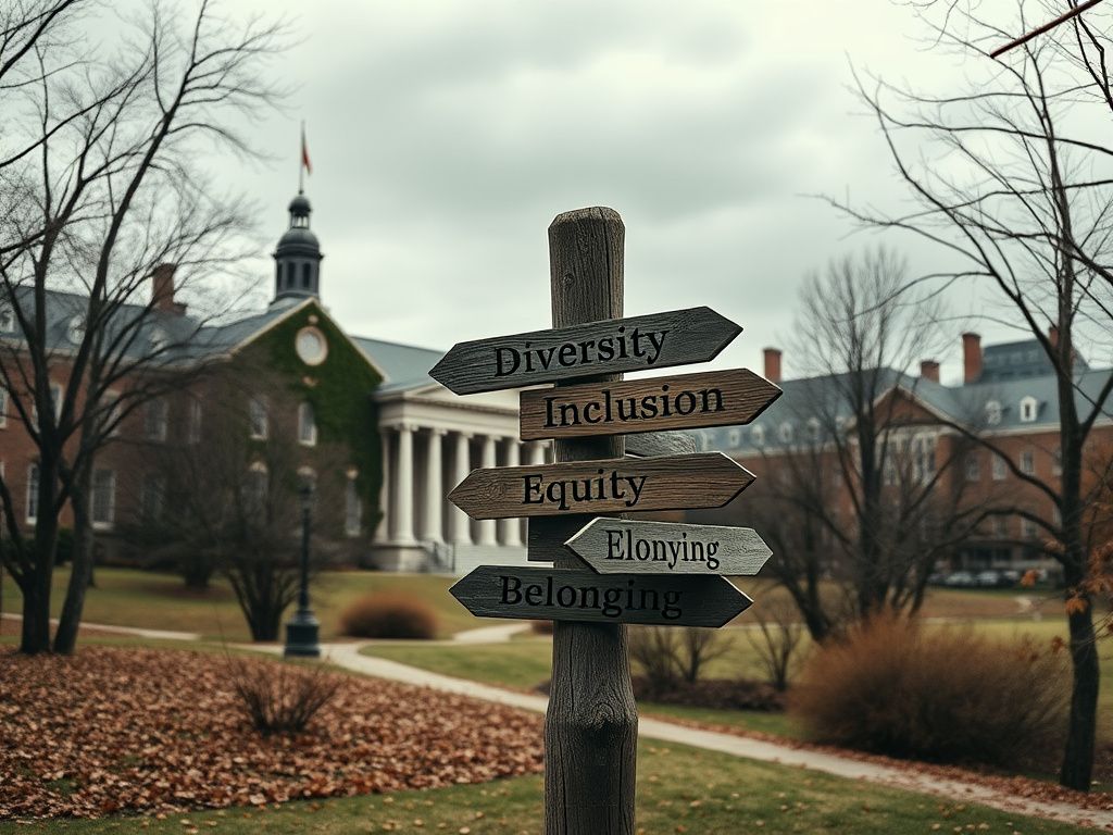 Flick International A somber university campus scene with an ivy-covered building and a weathered signpost displaying terms like 'Diversity,' 'Inclusion,' 'Equity,' and 'Belonging.'