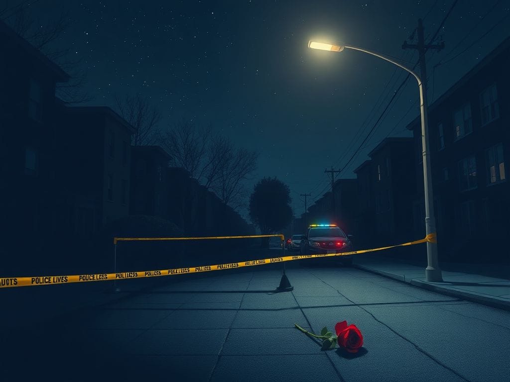Flick International A somber nighttime urban scene in a quiet Washington, D.C. neighborhood featuring a police barricade and a single red rose on the pavement.