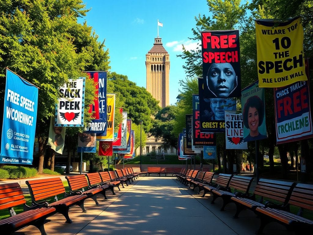 Flick International A vibrant scene showcasing UC Berkeley's campus with banners advocating for free speech and the iconic Sather Tower in the background