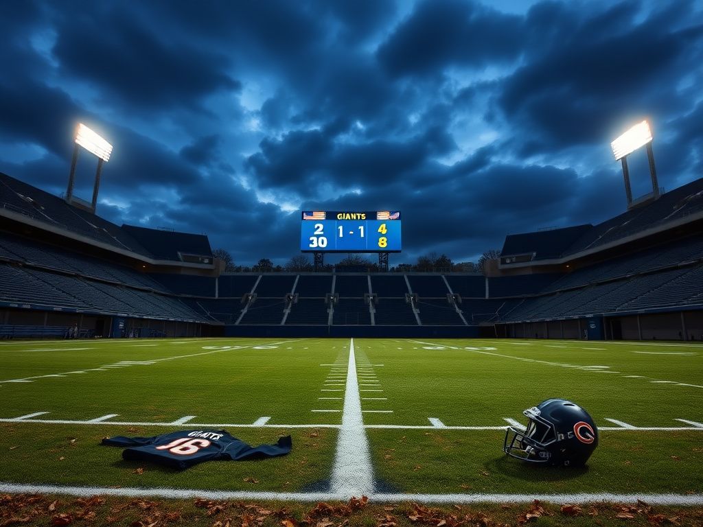 Flick International Empty football stadium at dusk with flickering floodlights and abandoned team gear