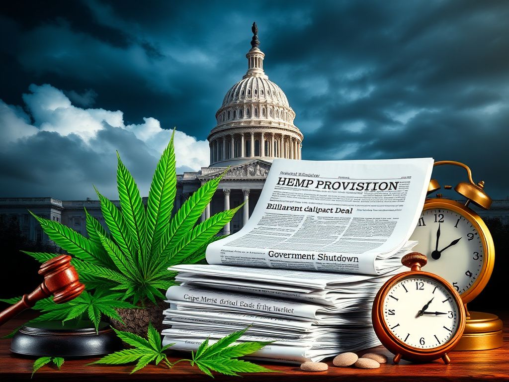 Flick International U.S. Capitol building partially shrouded in clouds with legislative documents and hemp leaves in the foreground