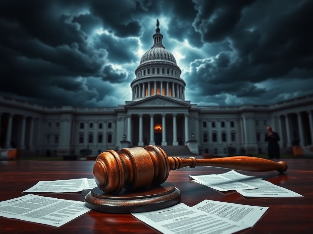 Flick International Dramatic scene at the U.S. Capitol with storm clouds and a Senate gavel symbolizing political turmoil