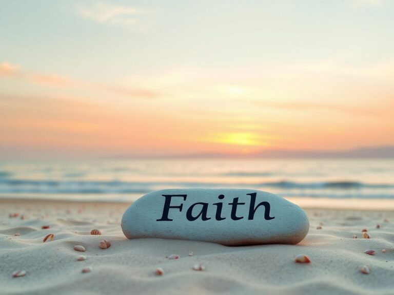 Flick International Serene sunrise over a peaceful ocean with a stone inscribed 'Faith'