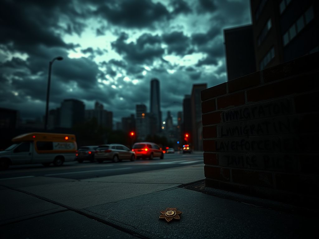 Flick International Dark urban landscape of Chicago featuring a deserted street corner and graffiti related to immigration and law enforcement