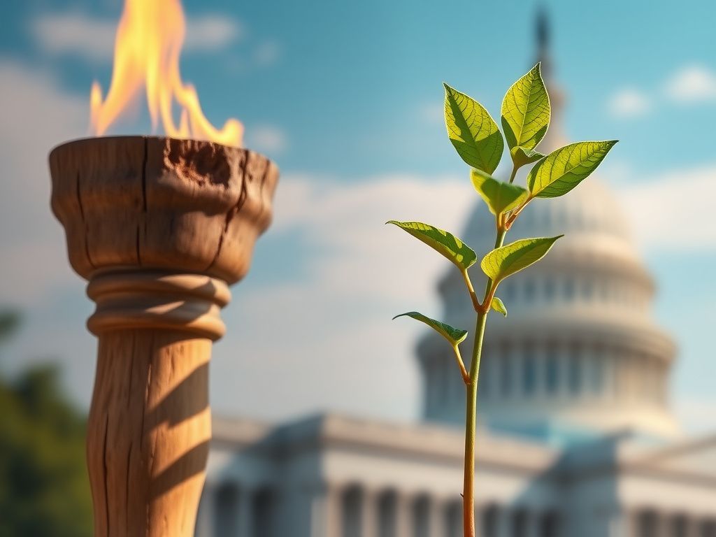 Flick International A weathered wooden torch symbolizing leadership transition being passed to a new green plant