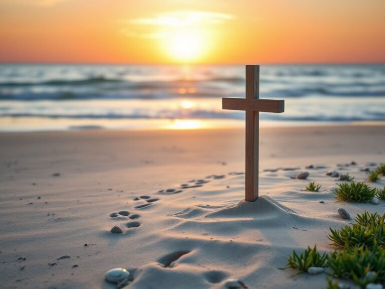 Flick International A serene beach scene at dawn featuring a wooden cross symbolizing faith