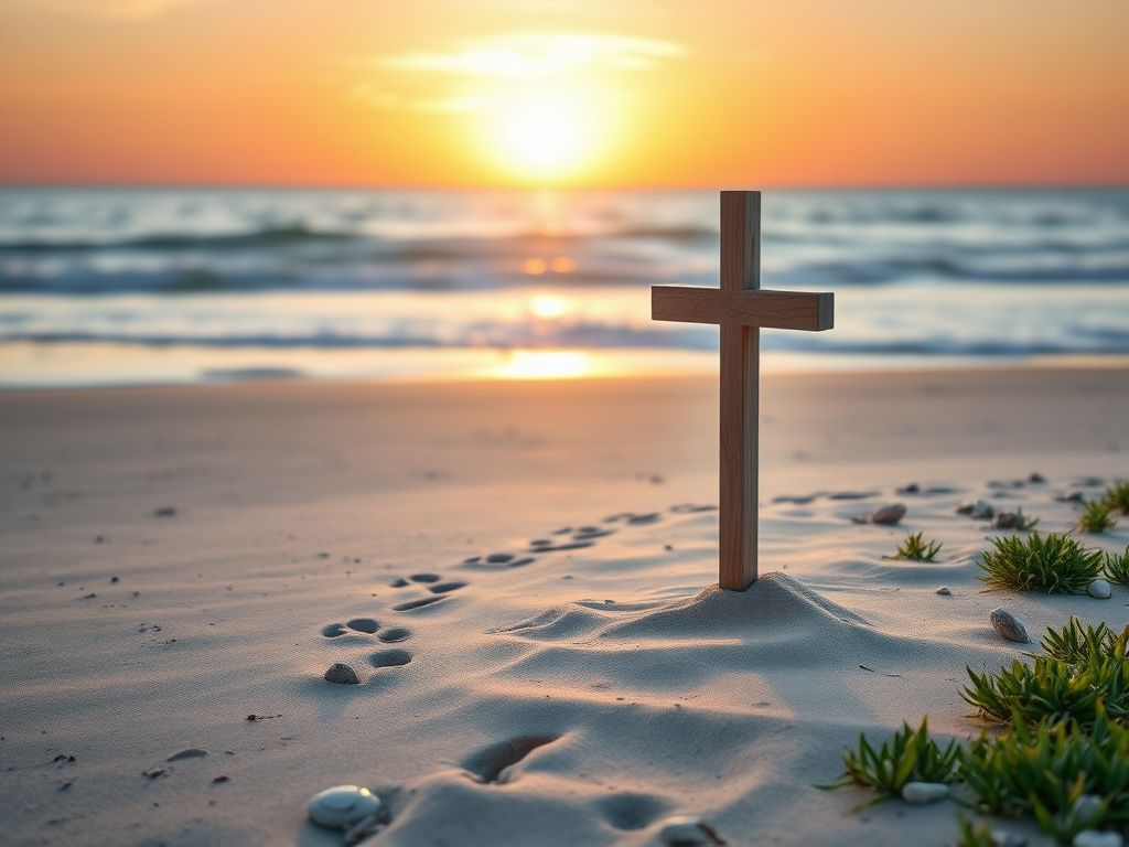 Flick International A serene beach scene at dawn featuring a wooden cross symbolizing faith