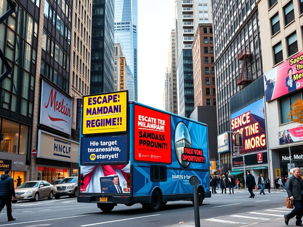 Flick International Colorful van promoting New Hampshire's appeal to NYC business owners on a busy Midtown Manhattan street.