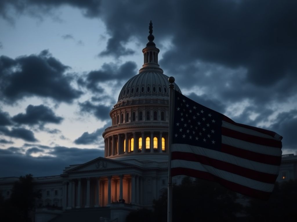 Flick International Somber view of the U.S. Capitol building at dusk with dark clouds overhead