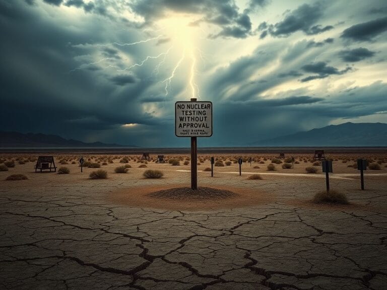 Flick International A dramatic landscape of the Nevada desert showcasing cracked earth and a stormy sky, symbolizing the aftermath of nuclear testing.