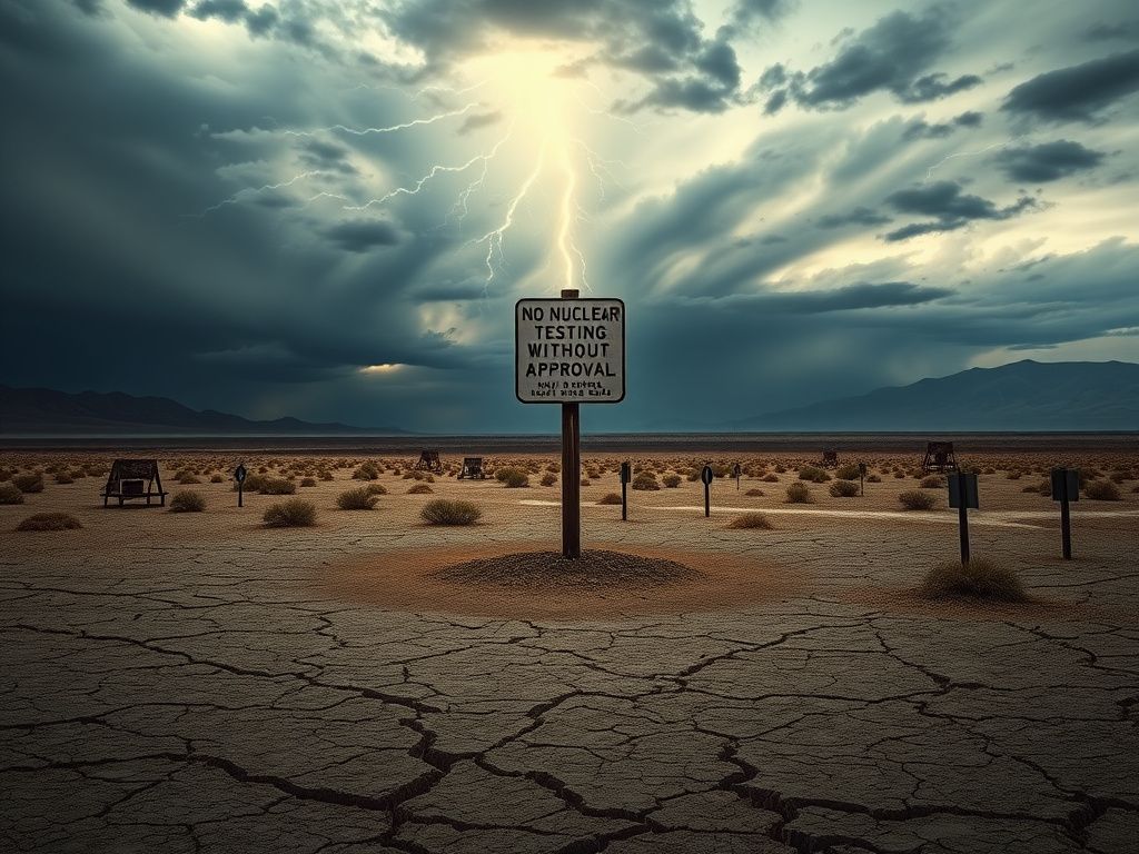 Flick International A dramatic landscape of the Nevada desert showcasing cracked earth and a stormy sky, symbolizing the aftermath of nuclear testing.