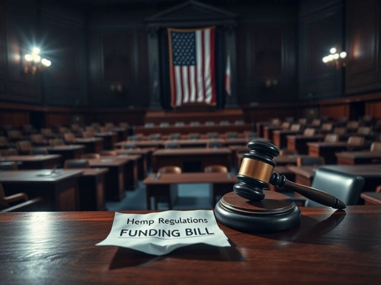 Flick International A dimly lit Senate chamber with a gavel on an empty desk, symbolizing legislative tension.