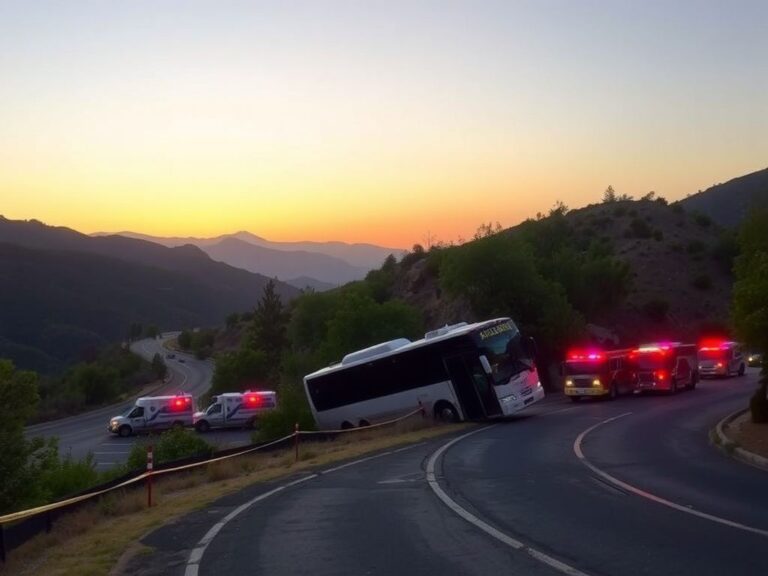 Flick International Overturned bus on Southern California mountain road with lush greenery