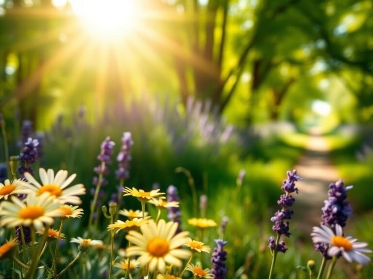 Flick International Close-up of vibrant wildflowers like daisies and lavender in a tranquil nature setting