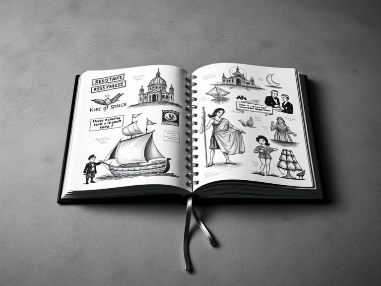 Flick International Black and white sketchbook opened to pages filled with political illustrations, highlighting societal issues