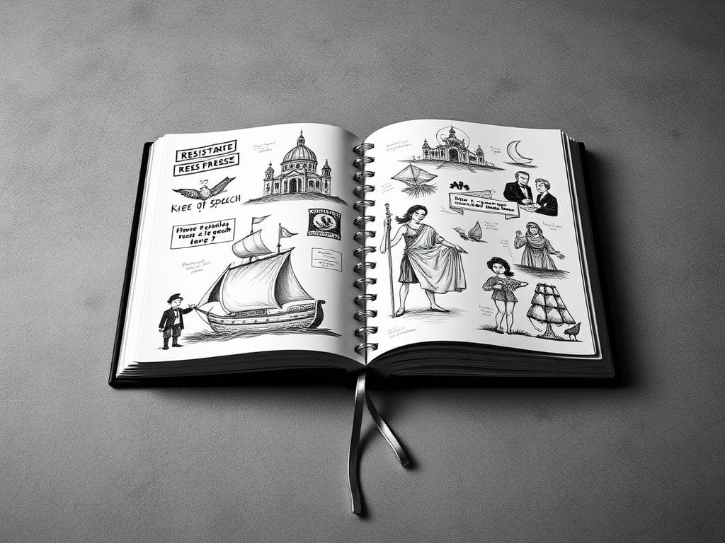 Flick International Black and white sketchbook opened to pages filled with political illustrations, highlighting societal issues