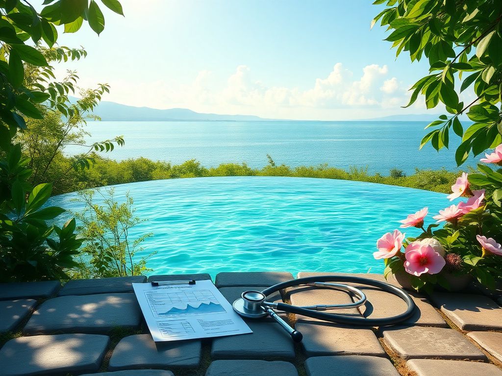 Flick International Serene kidney-shaped pool symbolizing health surrounded by lush greenery and flowers