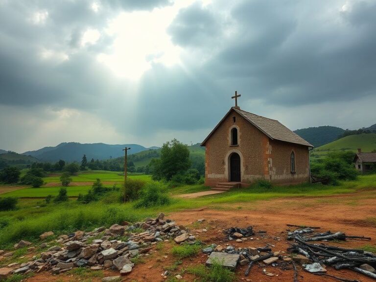 Flick International A dilapidated church in rural Nigeria, symbolizing the struggles of local Christians amidst lush greenery and rolling hills.