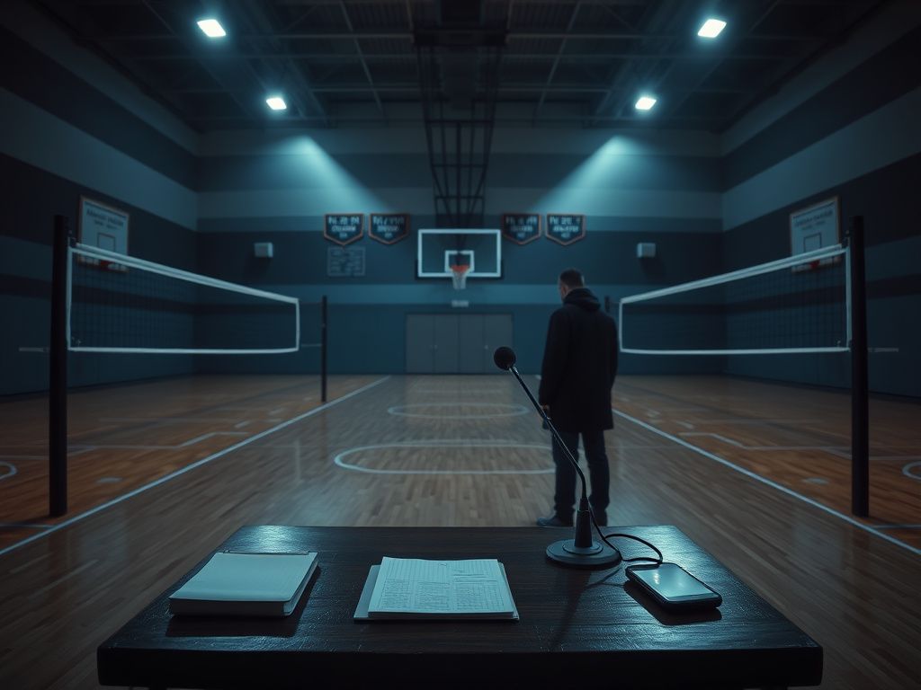 Flick International A dimly lit high school gymnasium with volleyball nets and an empty press table symbolizing reporter harassment