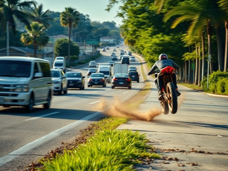 Flick International A chaotic urban scene depicting a busy Florida roadway during rush hour with an electric dirt bike in motion