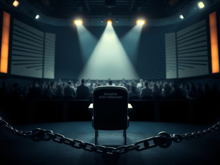 Flick International Empty television studio set with spotlight on chair labeled 'Senator John Fetterman', representing political dissent