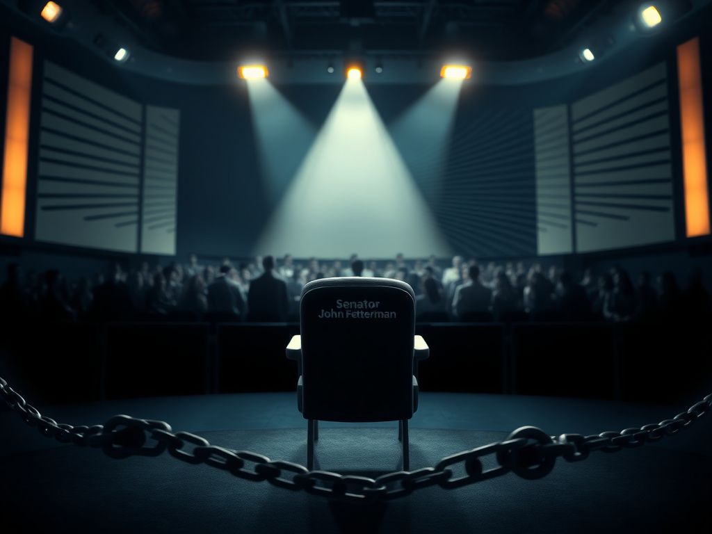 Flick International Empty television studio set with spotlight on chair labeled 'Senator John Fetterman', representing political dissent