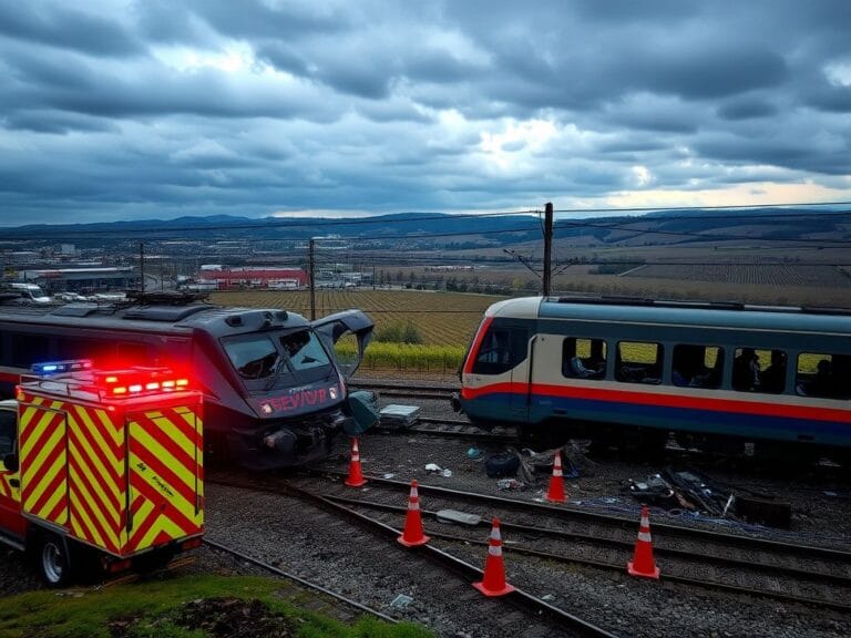 Flick International Scene of a train crash site near Pezinok, Slovakia, showing a partially derailed express train and a stationary passenger train.