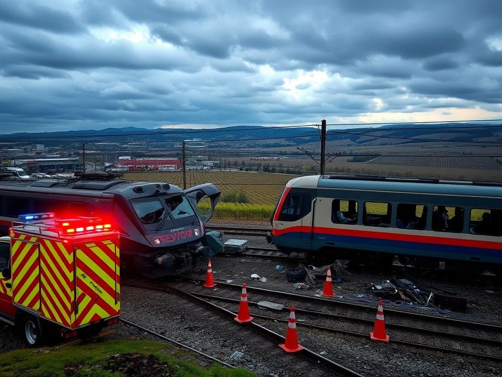 Flick International Scene of a train crash site near Pezinok, Slovakia, showing a partially derailed express train and a stationary passenger train.