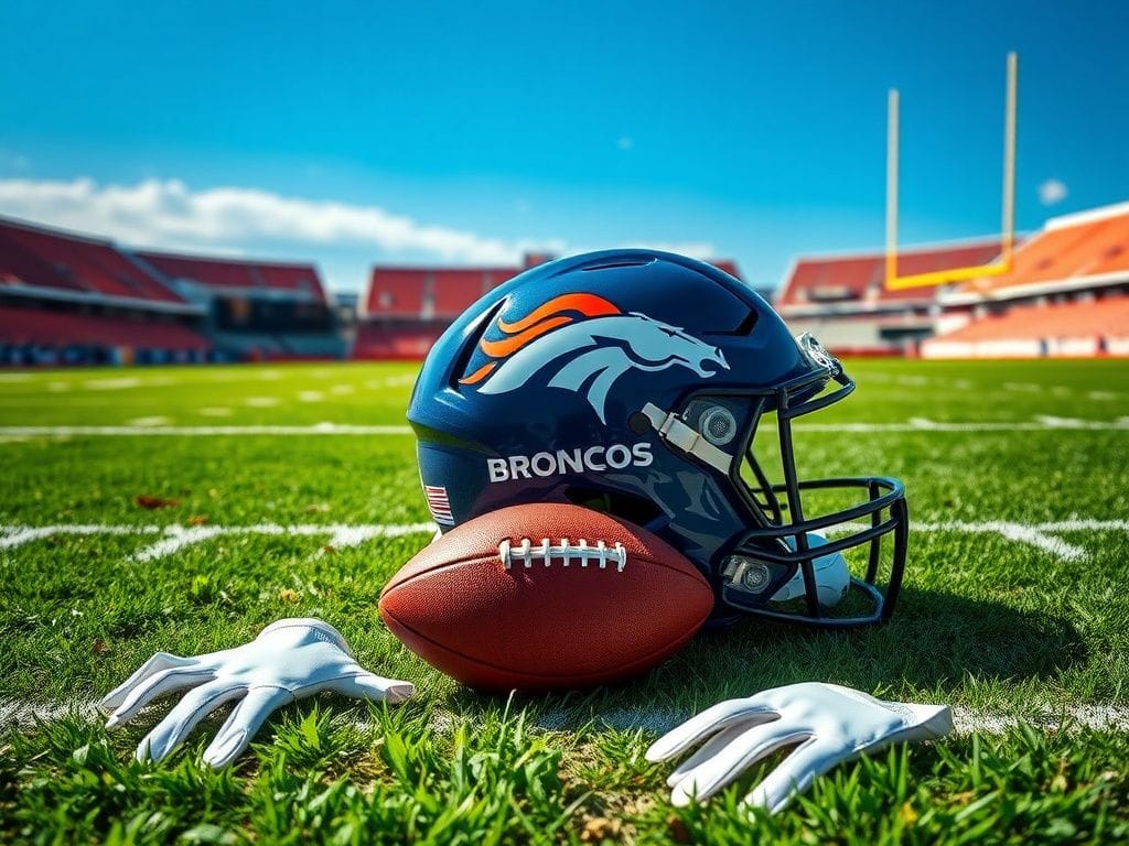 Flick International Denver Broncos helmet on the 50-yard line symbolizing strength and resilience