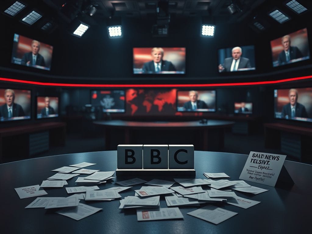 Flick International Empty BBC newsroom with iconic logo and protest signs depicting bias