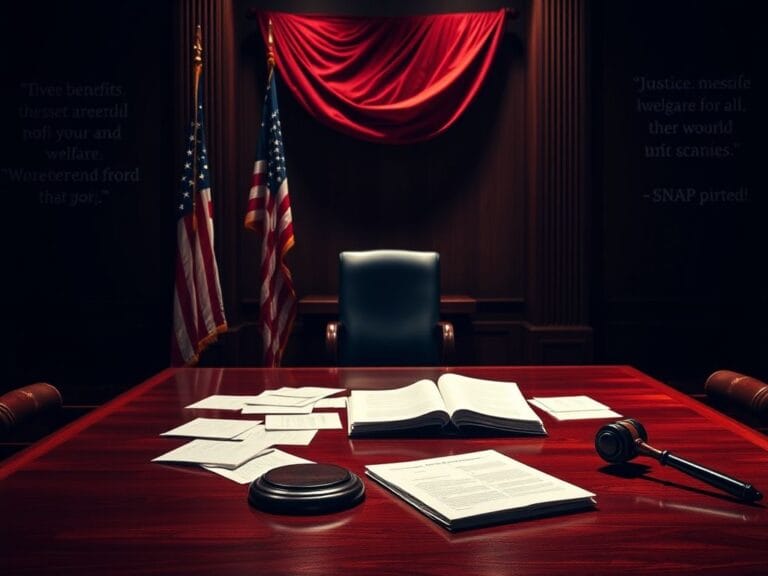 Flick International Courtroom scene depicting legal documents and an empty witness stand in a fight over SNAP benefits