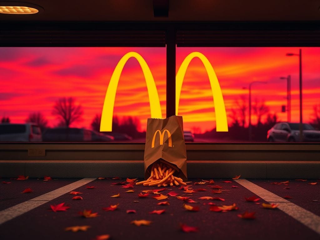 Flick International McDonald's drive-thru at sunset with golden arches and hint of fast food items