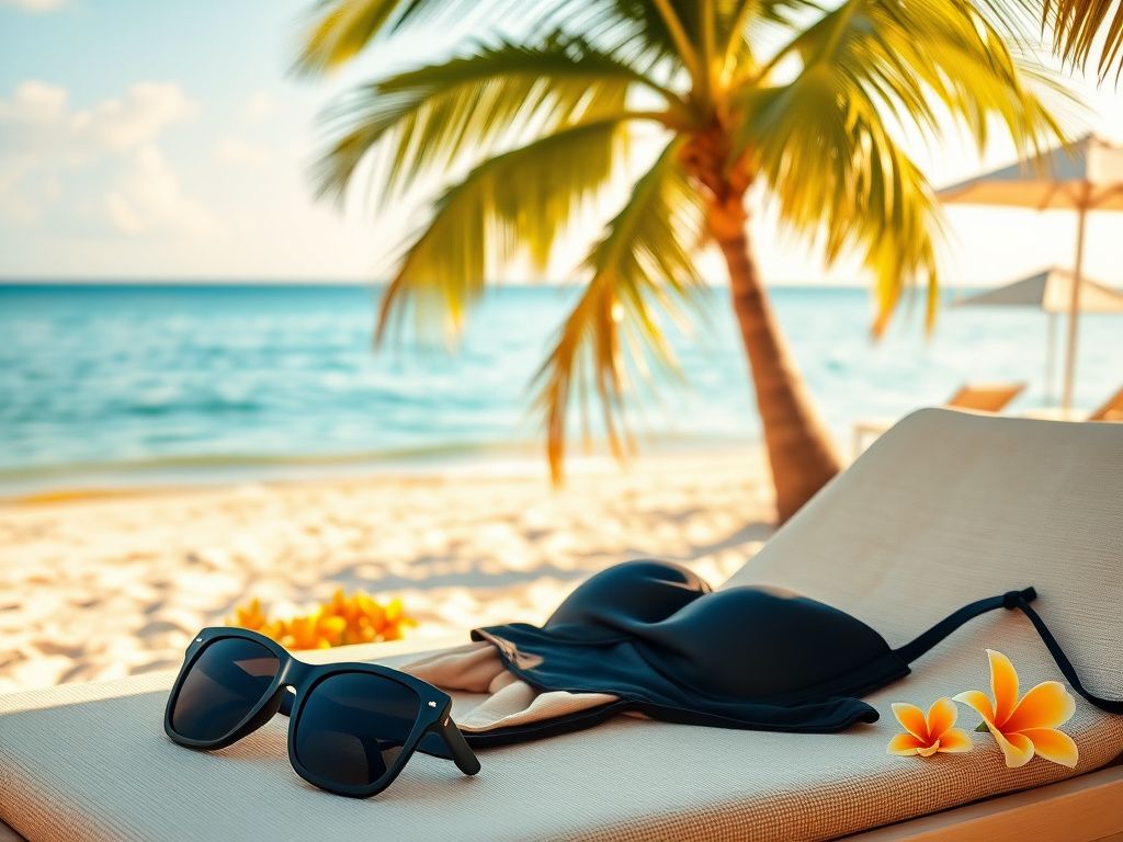 Flick International Black bikini and oversized sunglasses on a beach lounge chair with vibrant tropical flowers and a palm tree in the background