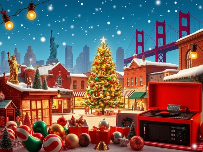 Flick International Vibrant display of classic American holiday decorations and retro items