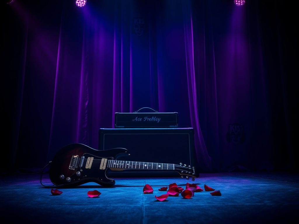 Flick International Dimly lit stage with a classic electric guitar and vintage amplifier symbolizing Ace Frehley's legacy