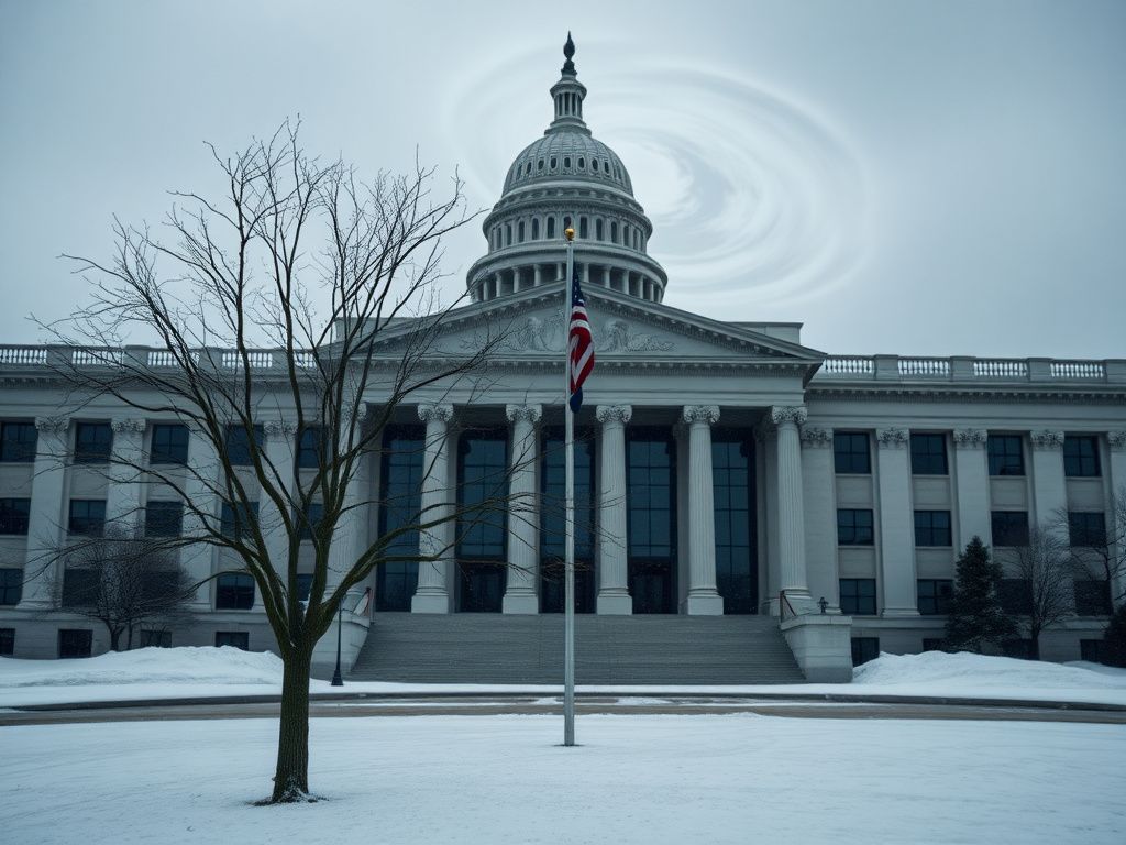 Flick International A stark empty government building with dark windows representing the impact of a government shutdown