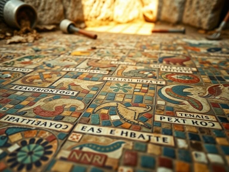 Flick International Detailed close-up of a fifth-century Christian mosaic featuring geometric patterns and inscriptions in Koine Greek, found in Urfa, Turkey.