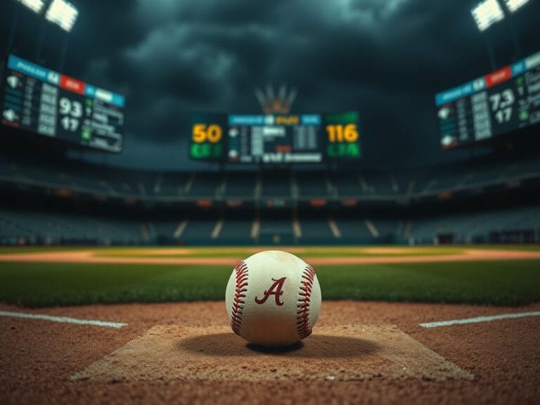 Flick International Weathered baseball on home plate in an empty stadium overshadowed by sports betting boards