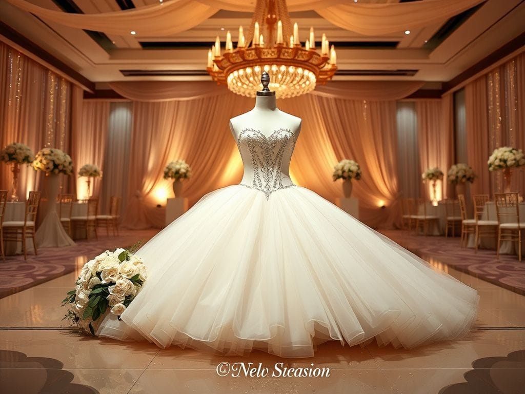 Flick International Elegant ivory ballgown displayed at gala centerpiece