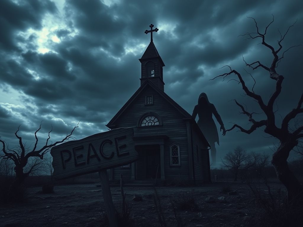 Flick International A dilapidated church under a stormy sky with ominous clouds