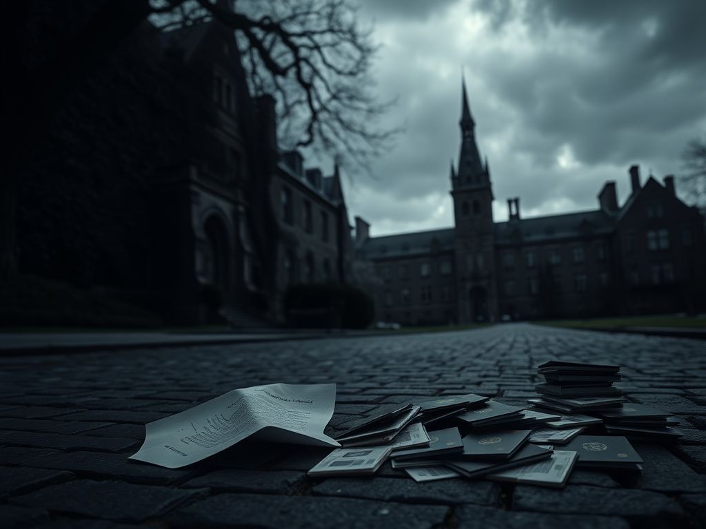 Flick International Dimly lit silhouette of Yale University campus with crumpled acceptance letter and scattered IDs symbolizing academic fraud