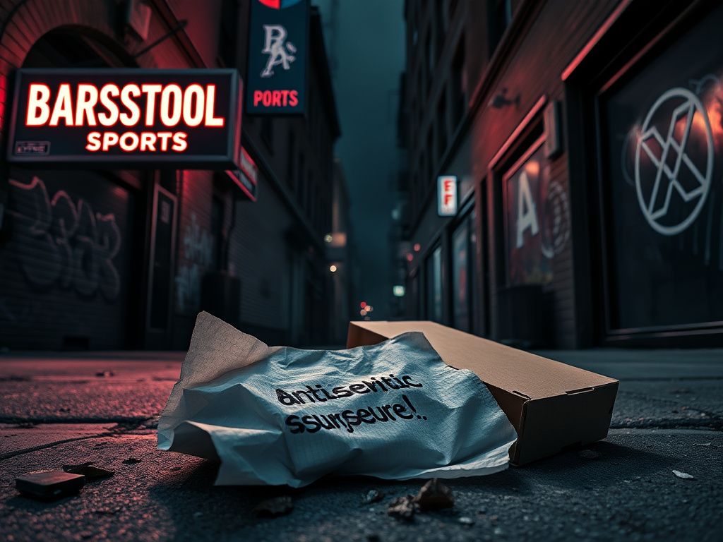 Flick International A dark urban landscape highlighting antisemitism with neon Barstool Sports signage