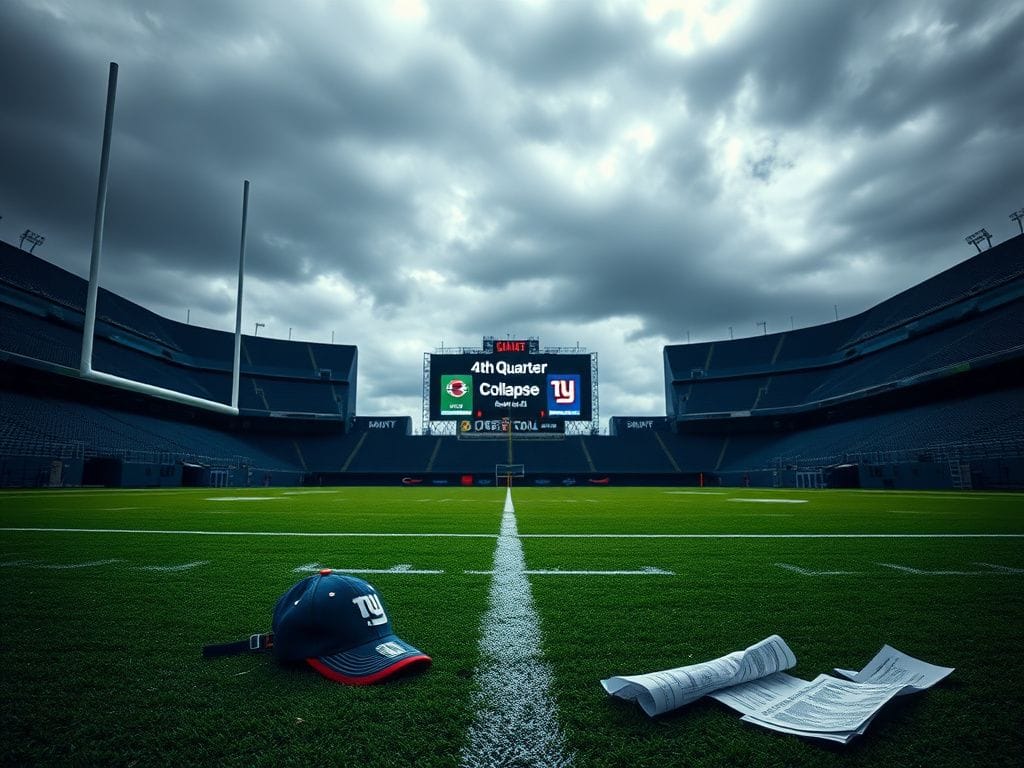 Flick International Darkened football stadium with goalposts and discarded items symbolizing Giants' lost hopes