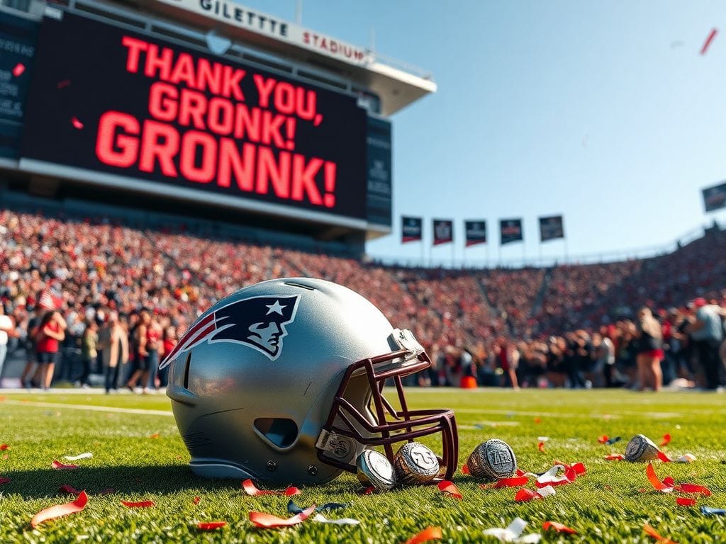 Flick International A New England Patriots football helmet with Super Bowl rings on a green field at a jubilant stadium.