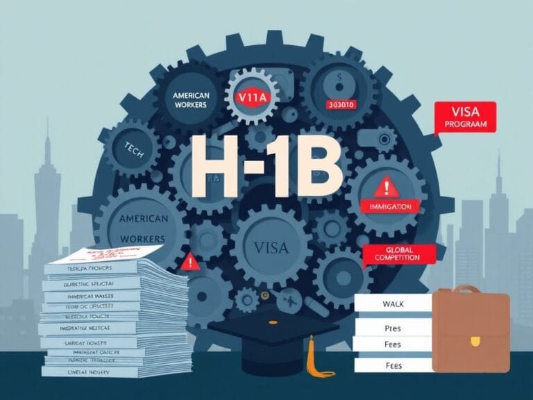 Flick International Illustration of a complex machine symbolizing the H-1B visa program amid an American skyline