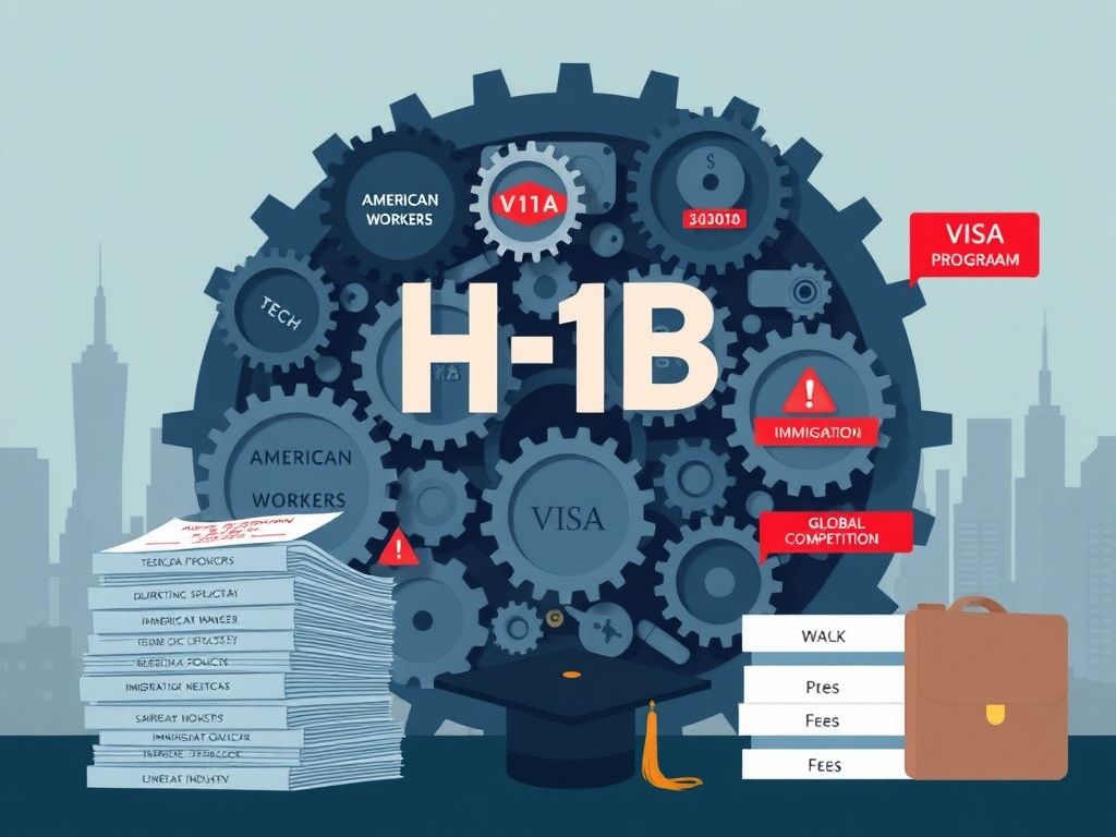 Flick International Illustration of a complex machine symbolizing the H-1B visa program amid an American skyline