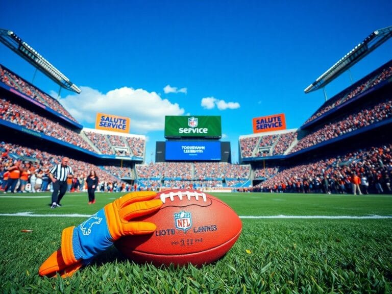 Flick International A vibrant football scene at an NFL game with Detroit Lions gloves and a football