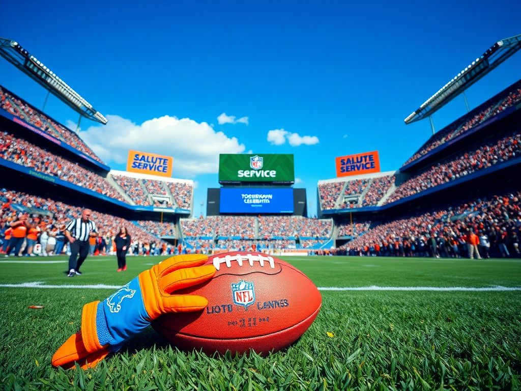 Flick International A vibrant football scene at an NFL game with Detroit Lions gloves and a football