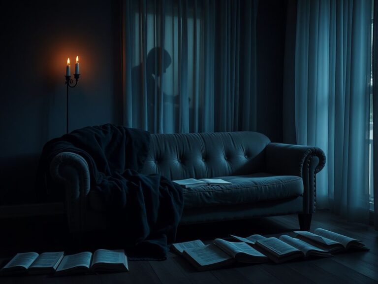 Flick International A dimly lit therapy room with a worn-out couch and flickering candle creating an intimate atmosphere